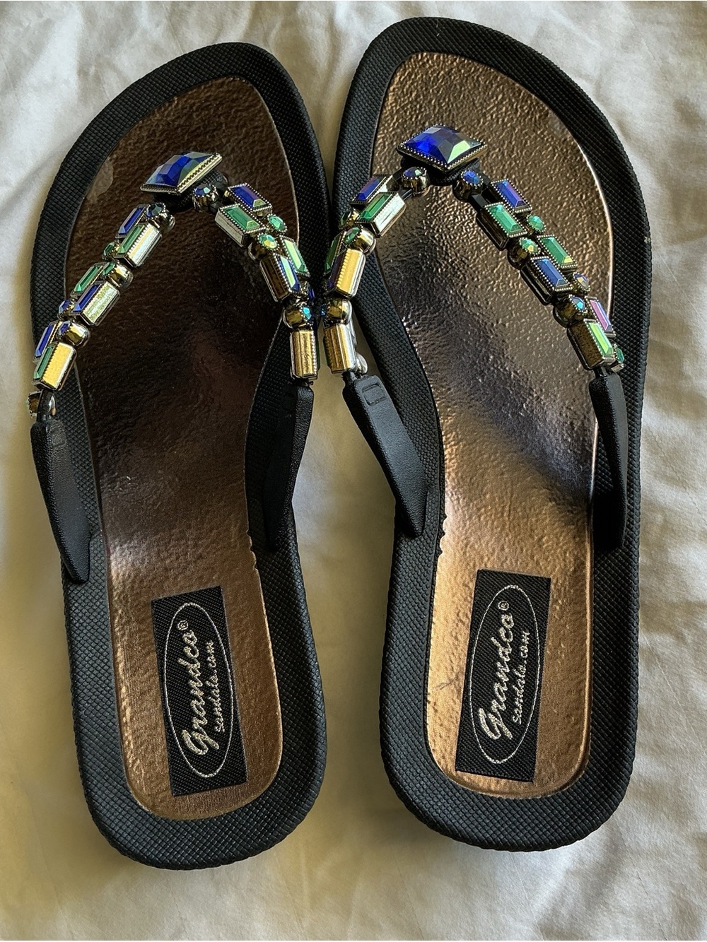 Grandco Black Flip Flops with Iridescent Gem Accents